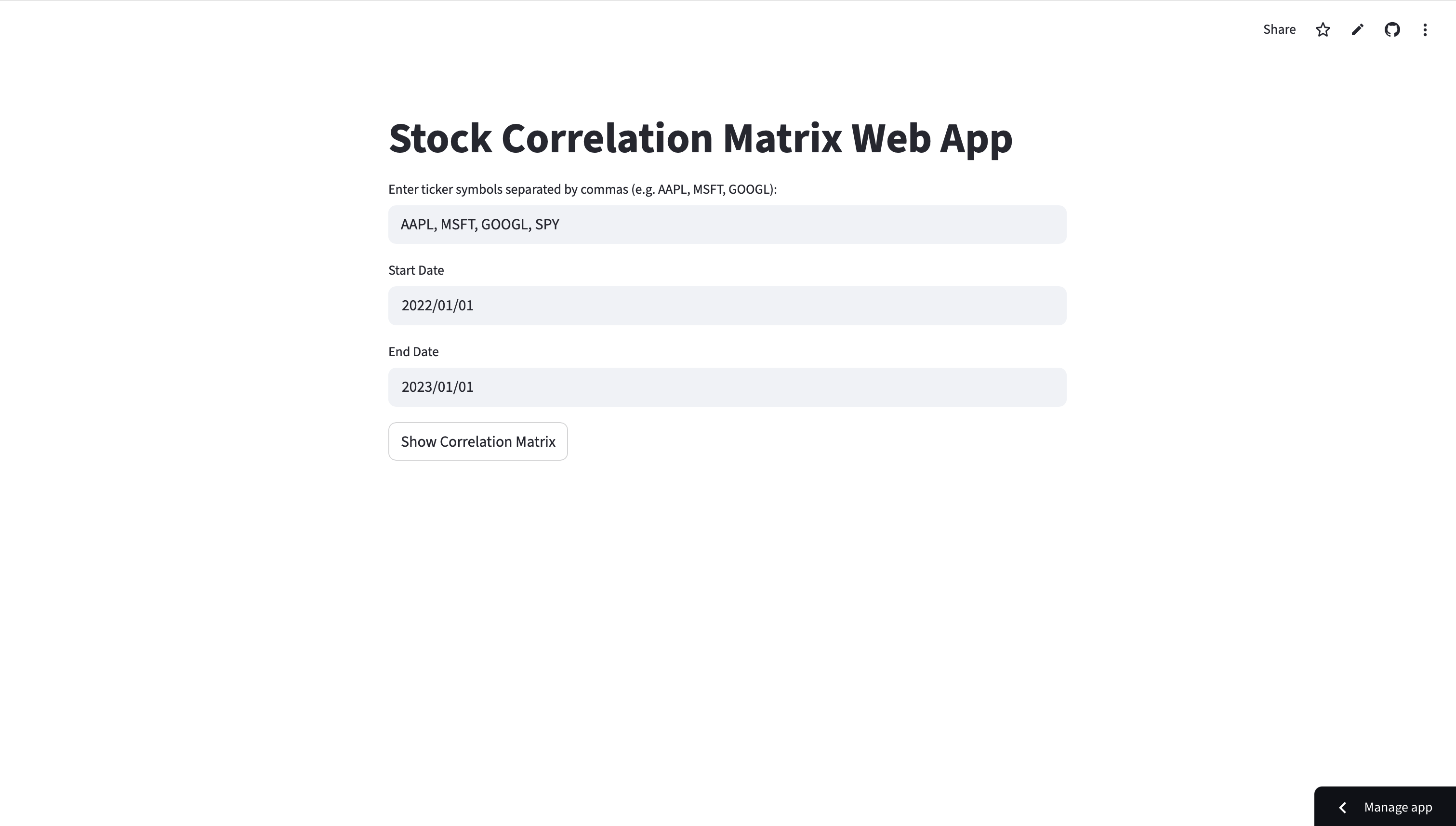 Stock Correlation app start page